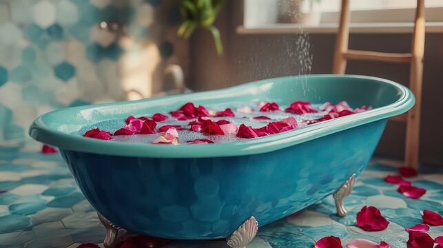 Romantic bath concept with blue vintage bathtub full of water and rose petals in luxury bathroom - Powered by Adobe