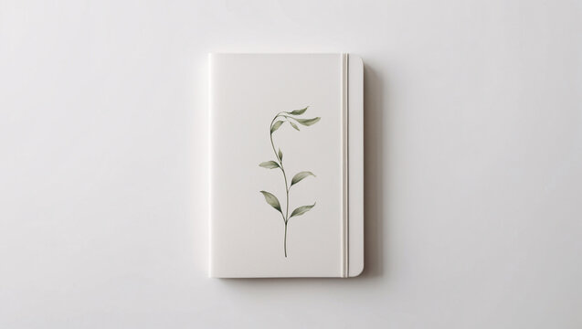 Elegant white notebook with botanical watercolor art on the cover placed on a bright and minimalist white surface