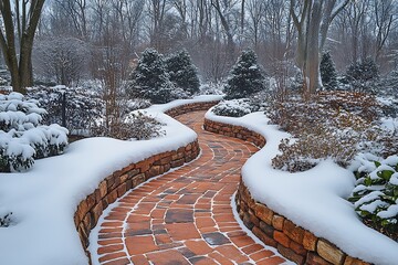 A snow covered brick pathway winds through a winter garden