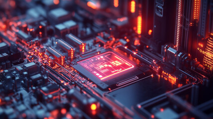 Obraz premium Close Up of Glowing Circuit Board with Red Microprocessor