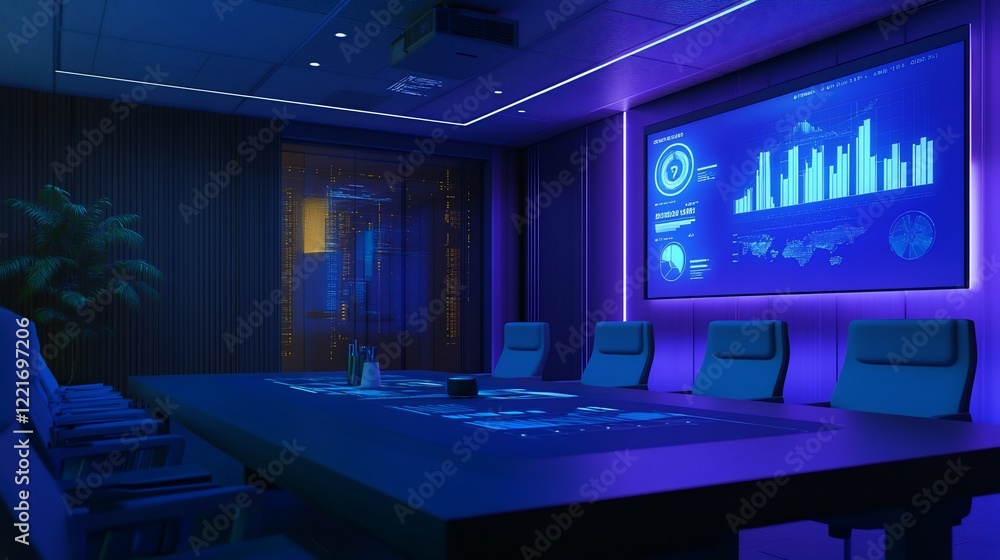 Poster futuristic conference room with a large screen displaying data charts and graphs with blue lighting