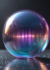 Shimmering, holographic quality bubble liquid surrounding a metallic sphere or object, glowing orbs, geometric patterns