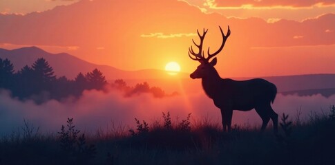 Silhouetted deer head in misty dawn landscape, forest, wildlife, animal