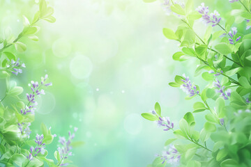 Obraz premium Ethereal spring background with blurred greenery and soft light leaks. Dreamy and fresh atmosphere, ideal for seasonal promotions, wellness designs, and nature-themed projects