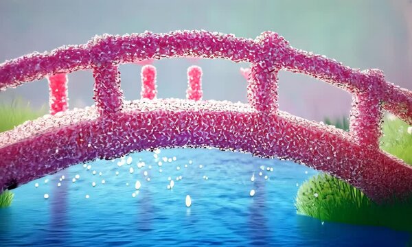Colorful artistic depiction of a serene landscape featuring a charming bridge over a sparkling waterway, surrounded by whimsical pink trees and lush grass, creating a peaceful atmosphere with ai gener