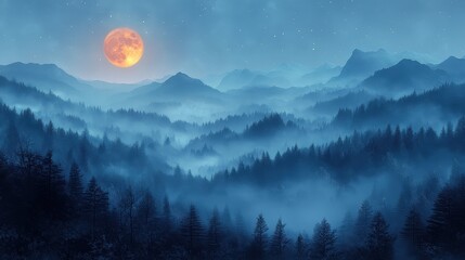 A misty, moonlit mountain landscape, with the full harvest moon rising in the background.