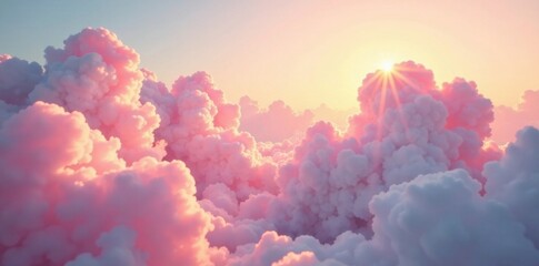 Fototapeta premium Soft pink and white clouds with golden rays, serene, abstract, gentle