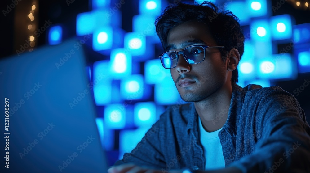 Poster a young indian man working on a laptop in front of a blue cubes background, a tech worker with glass
