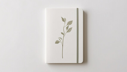 Stylish white notebook with intricate watercolor botanical illustrations on the cover placed on a clean white surface