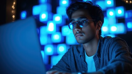 A young Indian man working on a laptop in front of a blue cubes background, a tech worker with glasses using a computer for online work or coding at a home office desk