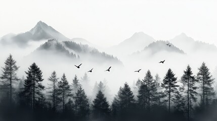 Black and white, a forest of tall trees with mountains in the background, birds flying over them, foggy, muted tones