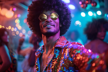 Seventies Costume in Nightclub with Disco Dancer Enjoying Carnival Party in a Modern Colorful Atmosphere