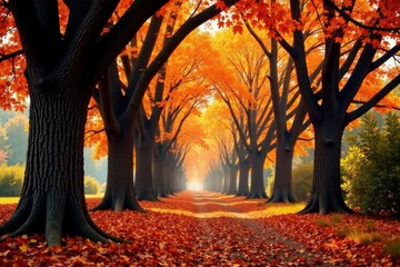 Fototapeta premium Tall Oak Trees Stand Amidst Autumn Leaves , autumn, trees