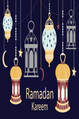 Ramadan Kareem Islamic design crescent moon with Arabic pattern and lamps, blue galaxy background.
