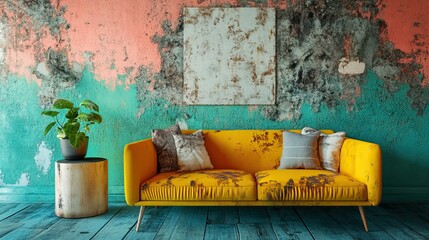 Bright yellow sofa with moldy wall and pillows in rustic interior related to allergy concept