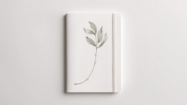 White notebook featuring vibrant watercolor botanical art on the front cover placed on a light white table