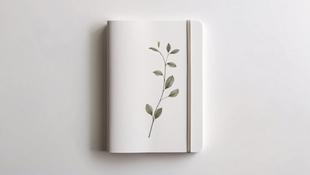 White notebook featuring vibrant watercolor botanical painting on cover placed on a white table for a minimalist touch