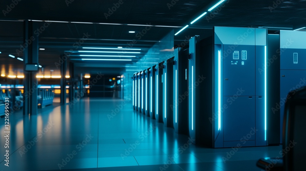 Aufkleber futuristic corridor with blue glowing server racks and modern design elements for tech use