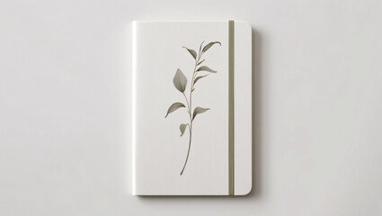 White premium notebook with intricate watercolor botanical artwork on cover set on minimalist white background