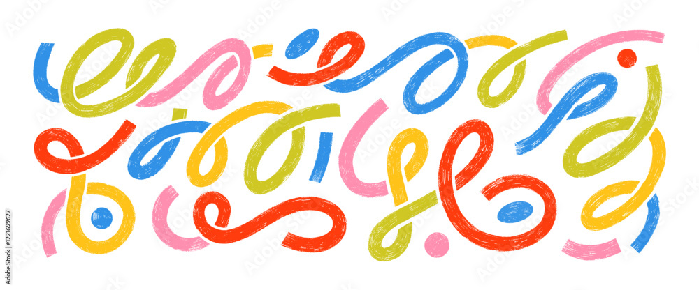 Poster colorful marker drawn thick squiggle lines and childish spirals. creative naive curly brush strokes 