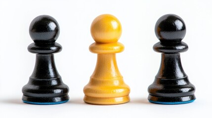 Set of Three Chess Pawns in Black, Yellow, and White on a Plain Background