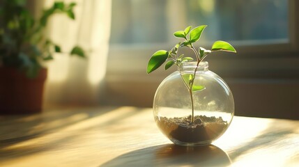small plant in glass terrarium sits on wooden table, bathed in warm sunlight, symbolizing growth and nature beauty