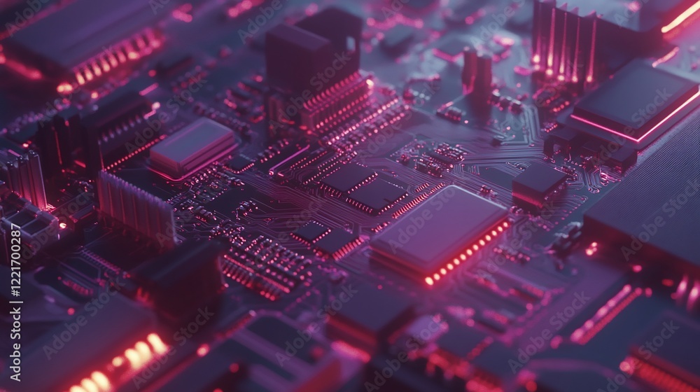 Poster detailed closeup of a modern motherboard with illuminated components and circuits