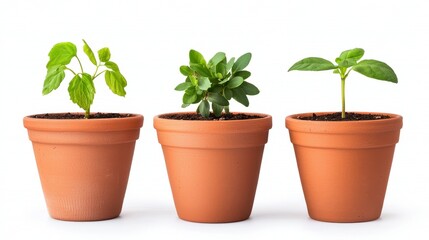 Fototapeta premium Growing Herb Plants in Terracotta Pots with Green Leaves on White Background