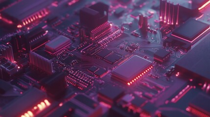 Obraz premium Detailed Closeup of a Modern Motherboard with Illuminated Components and Circuits