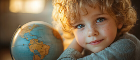 A child looking at globe with thoughtful expression, reflecting on education awareness day in soft focus and bright background