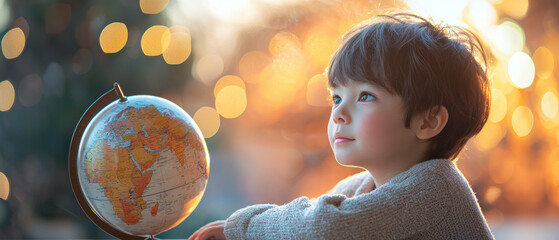 A child looking at globe with thoughtful expression, reflecting on education awareness day in soft focus, bright background