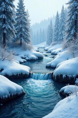 Fototapeta premium Icy waters cascade over frozen forest terrain, frosty mist, crystal clear water, cold climate