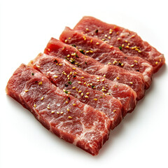 Obraz premium A Thinly sliced beef for Korean barbecue, seasoned and ready to grill