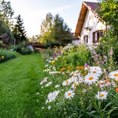 Obraz premium A beautiful garden full of blooming flowers and butterflies.