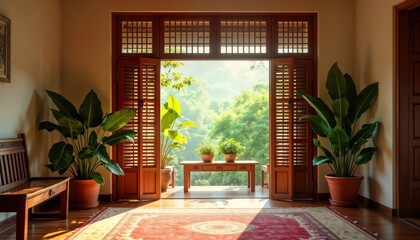 Kerala home interior features wooden furniture, traditional decor. Open window lets in bright sunlight rich plants outside. Cozy atmosphere. Traditional architecture, decor visible. Relaxing home