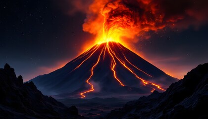 Ultra-realistic image of an active volcano erupting at night, with molten lava shooting high into the sky, illuminating the dark atmosphere. The glowing orange and red lava contrasts sharply against t