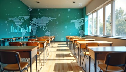 Empty classroom with wooden desks, chairs. Digital world map, data visualizations displayed on teal wall. Natural light fills room through large windows. Educational tech concept for global learning
