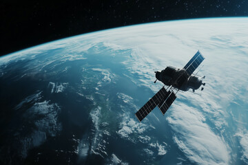 Obraz premium Modern navigation satellite orbiting Earth, providing crucial positioning data for global communication and navigation systems