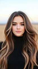 Fototapeta premium Young Woman With Long Brown Hair Wearing Black Sweater Against Outdoor Sunset Background