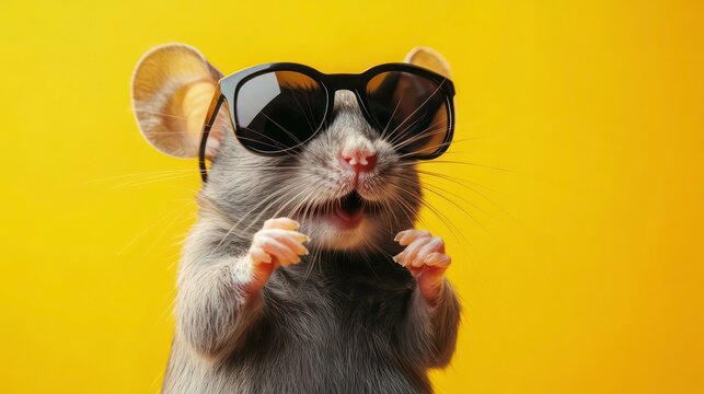 A cute grey mouse wearing black sunglasses against a vibrant yellow background. - Powered by Adobe