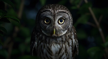 Ultra-realistic close-up image of a tropical owl staring directly into the camera in a dense rainforest at night. The owl’s large eyes are glowing with a faint reflection of moonlight, showcasing inte