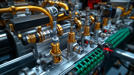 Close Up View of Complex Engine Components and Industrial Machinery