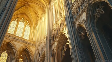 Fototapeta premium Golden Sunlight Illuminates Gothic Cathedral Interior Architecture