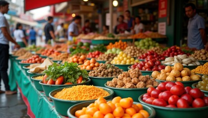 Obraz premium Vibrant street market scene diverse global cuisine. Many people explore various food stalls. Fresh fruits vegetables, exotic items displayed in colorful bowls. Traditional Asian market atmosphere.