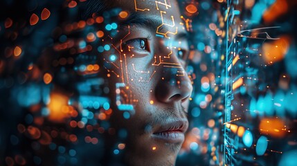 Executives discuss technological advancements in a corporate office, utilizing digital tools to foster innovation and strategic planning amidst a high-tech atmosphere