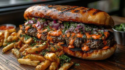 Giant grilled meat sub, fries, sauces, restaurant