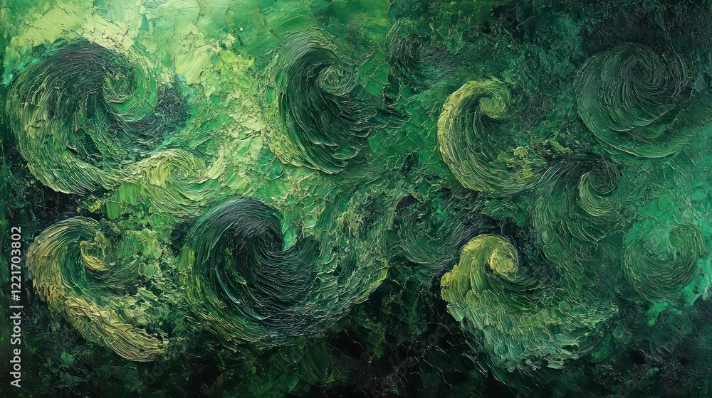 Poster the abstract image presents swirling green patterns with intricate textures, creating a sense of dep