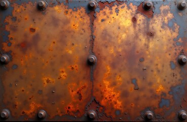 Rusty metal surface shows corrosion, oxidation. Dark brown orange tones appear on metal plate. Metal plate rivets bolts, heavy industrial design. Abstract pattern of rust stains gives vintage effect.