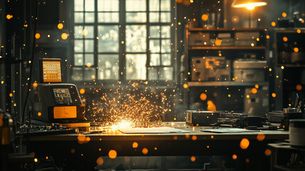 Industrial Workshop with Flying Sparks and Glowing Embers