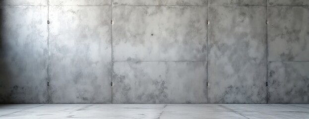 Fototapeta premium Empty room with textured concrete wall. Neutral gray concrete wall with blend of smooth, rough textures. Modern minimalist interior design background. Perfect for architectural design ideas. Wide,
